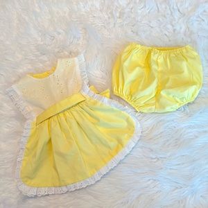 Vintage pastel yellow infant outfit white eyelet ruffle includes diaper cover